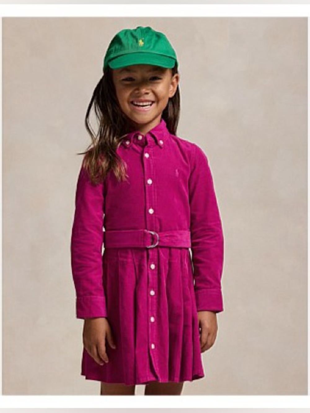 Ralph Lauren Girls' Fuchsia Button-Front Corduroy Dress with Belt